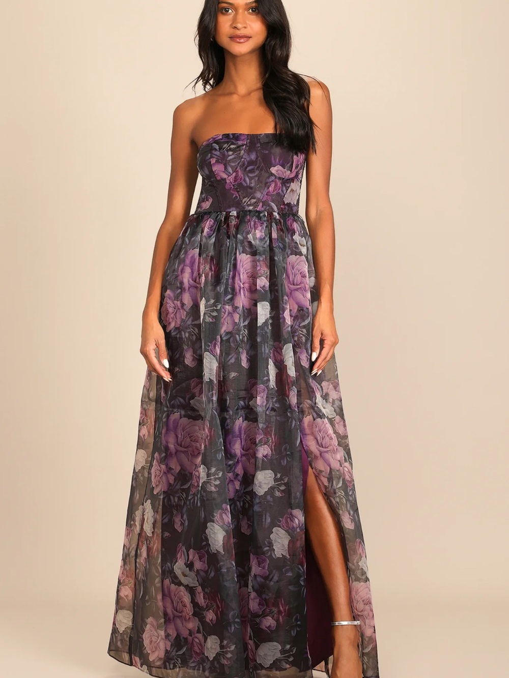 Wonderful Waltz Purple Floral Print Strapless Bustier Maxi Dress Medium NWT